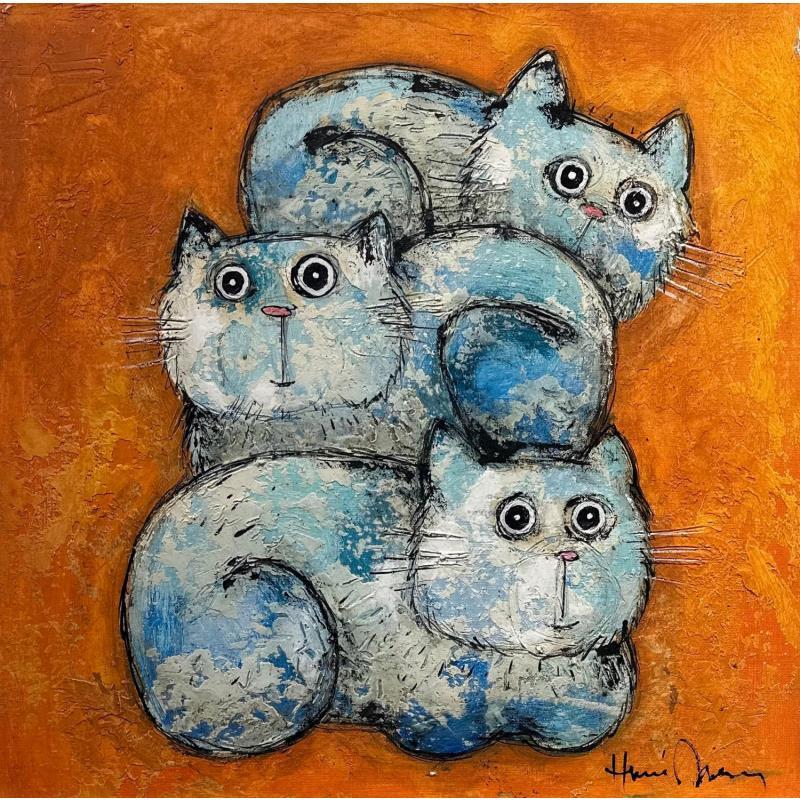 Painting 3 chats fonds orange by Maury Hervé | Painting Raw art Animals