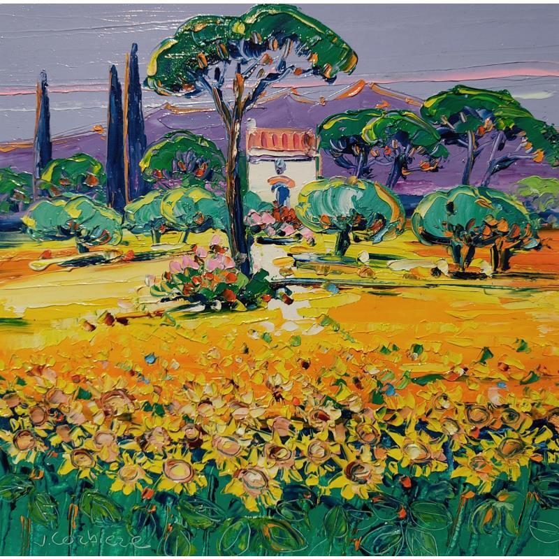 Painting Cabanon et tournesols by Corbière Liisa | Painting Figurative Landscapes Oil