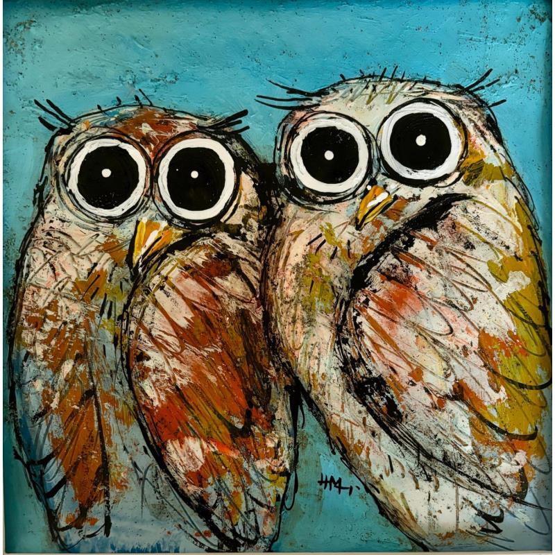 Peinture 2 Owls par Maury Hervé | Tableau Art Singulier Encre, Sable Animaux