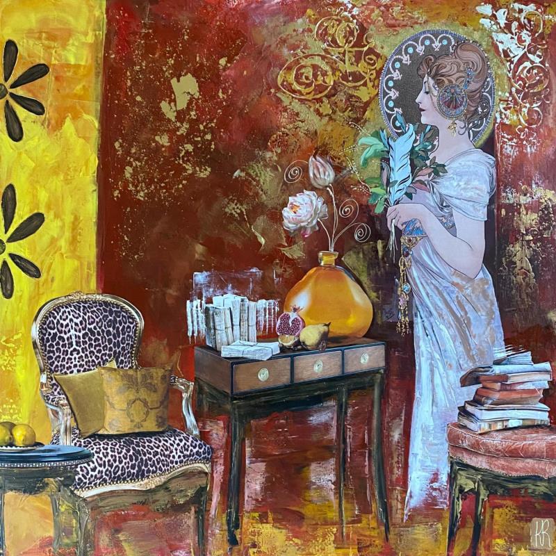 Painting Le plaisir des mots  by Romanelli Karine | Painting Figurative Acrylic, Gluing, Gold leaf, Paper, Pastel, Posca Life style