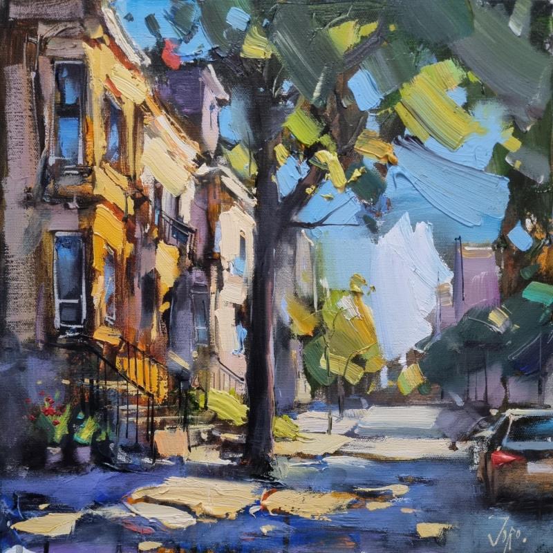 Peinture Neighborhood street in the spring par Joro | Tableau Figuratif Urbain Huile