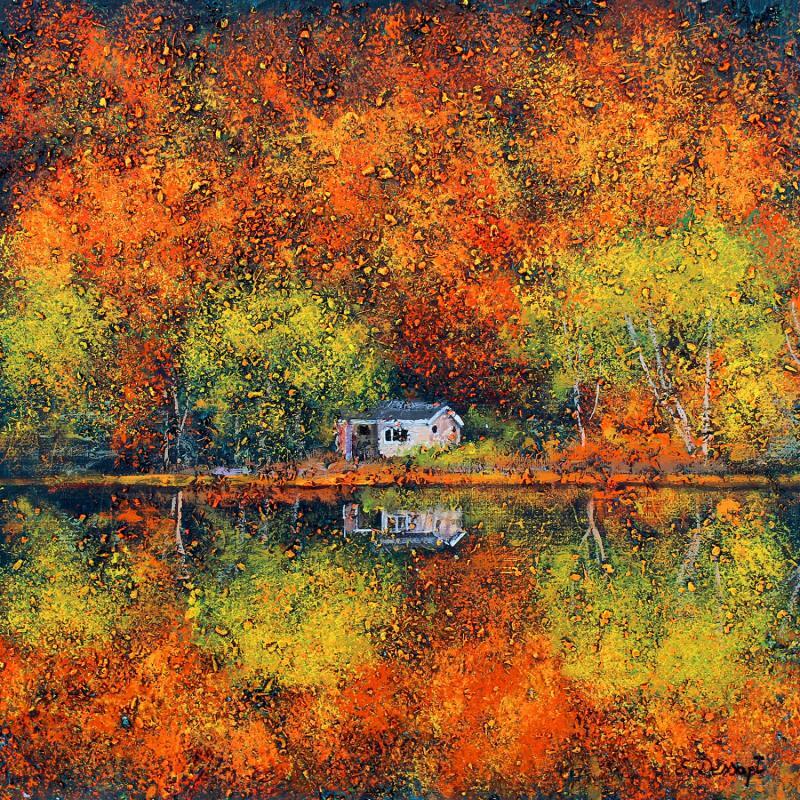 Painting Le chalet au miroir d’automne by Dessapt Elika | Painting Impressionism Acrylic, Sand