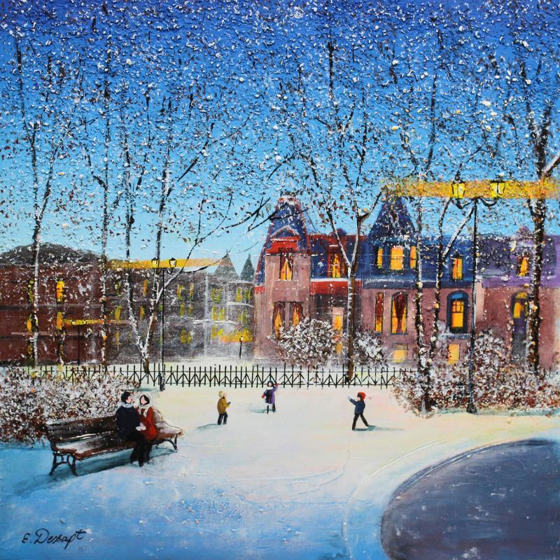 Peinture Un hiver enchanté à Montréal par Dessapt Elika | Tableau Impressionnisme Acrylique, Sable