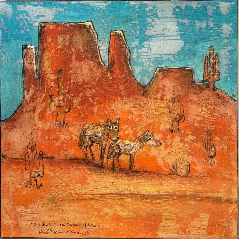 Painting Two Coyotes in the Red Canyons of Arizona by Maury Hervé | Painting Raw art Animals