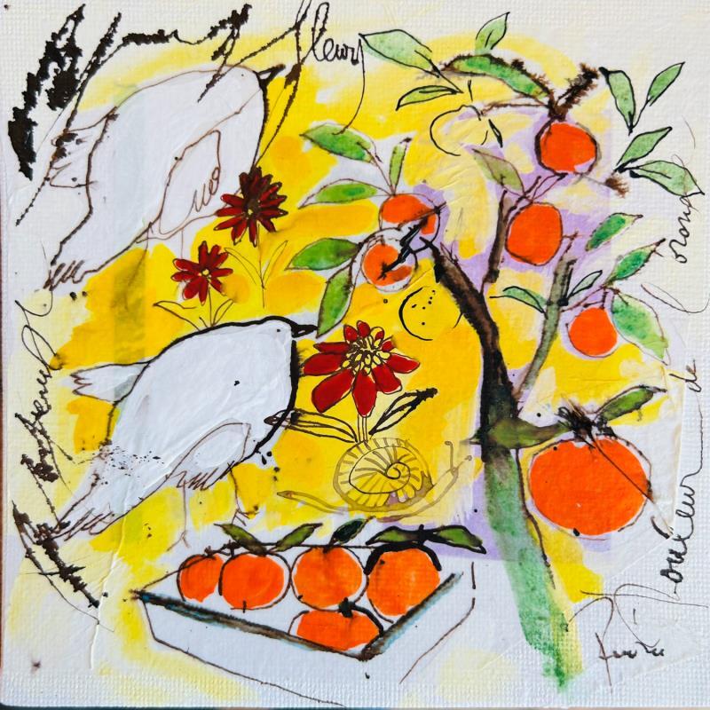 Painting Les 2 colombes by Colombo Cécile | Painting Naive art Acrylic, Gluing, Ink, Pastel, Watercolor Landscapes, Life style, Nature