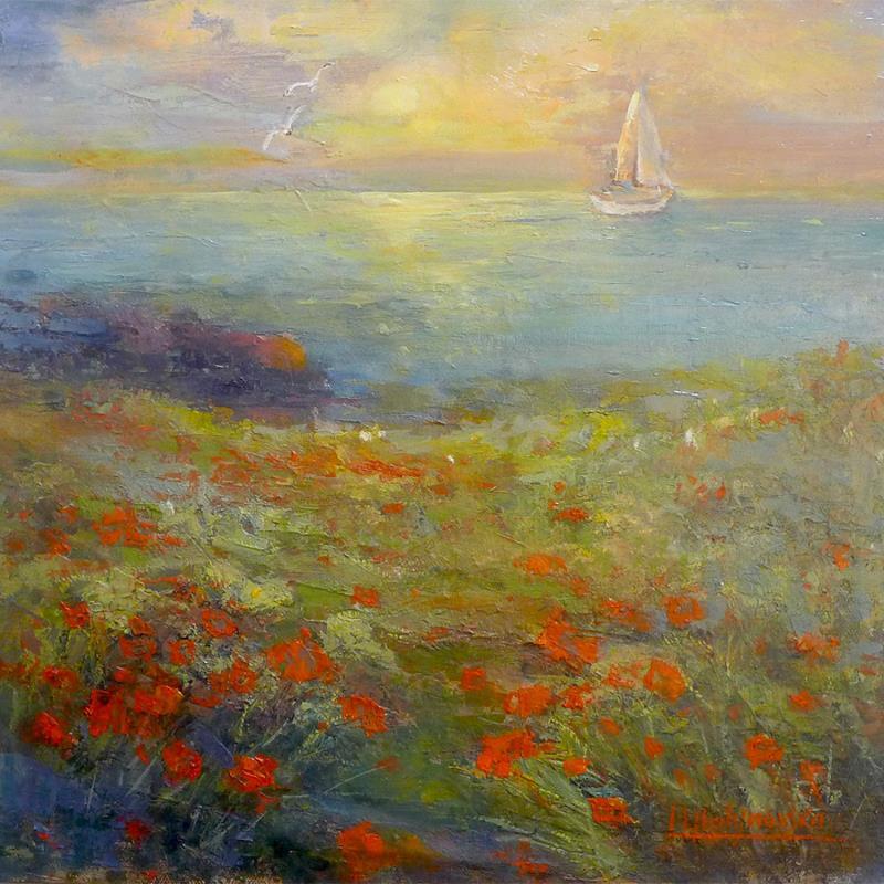 Peinture F4015 Champ de Coquelicots au Bord de la Mer par Malynovska Iryna | Tableau Impressionnisme Paysages Huile