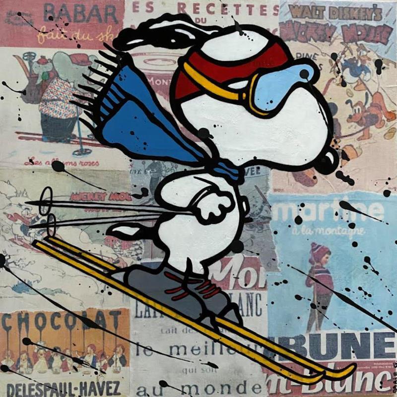 Gemälde F4  Snoopy à la montagne von Marie G.  | Gemälde Pop-Art Pop-Ikonen Holz Acryl Collage