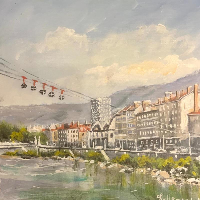 Peinture Les bulles volant eu dessus de Grenoble par Lallemand Yves | Tableau Figuratif Urbain Acrylique