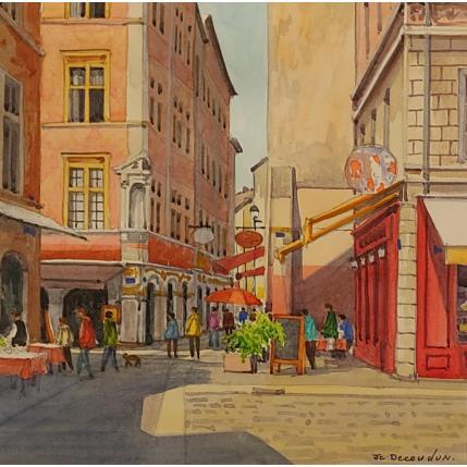 Gemälde Lyon rue St Jean, la vie en rose von Decoudun Jean charles | Gemälde Figurativ Aquarell Urban