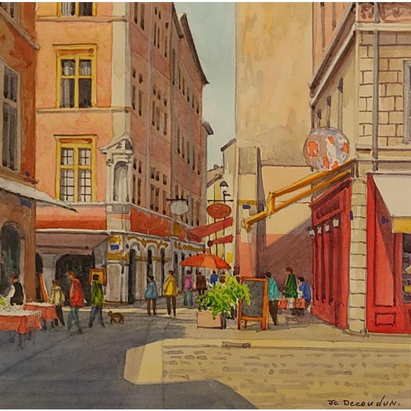 Painting Lyon rue St Jean, la vie en rose by Decoudun Jean charles | Painting Figurative Watercolor Urban