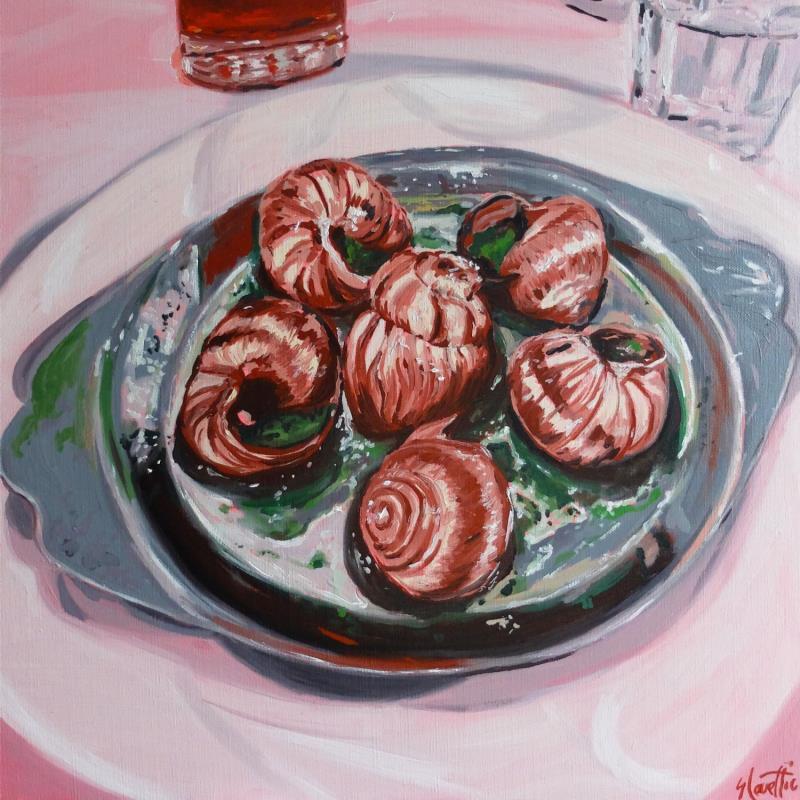 Peinture Plate of 6 Burgundy Snails par Coueffic Sébastien | Tableau Figuratif Scènes de vie Natures mortes Huile