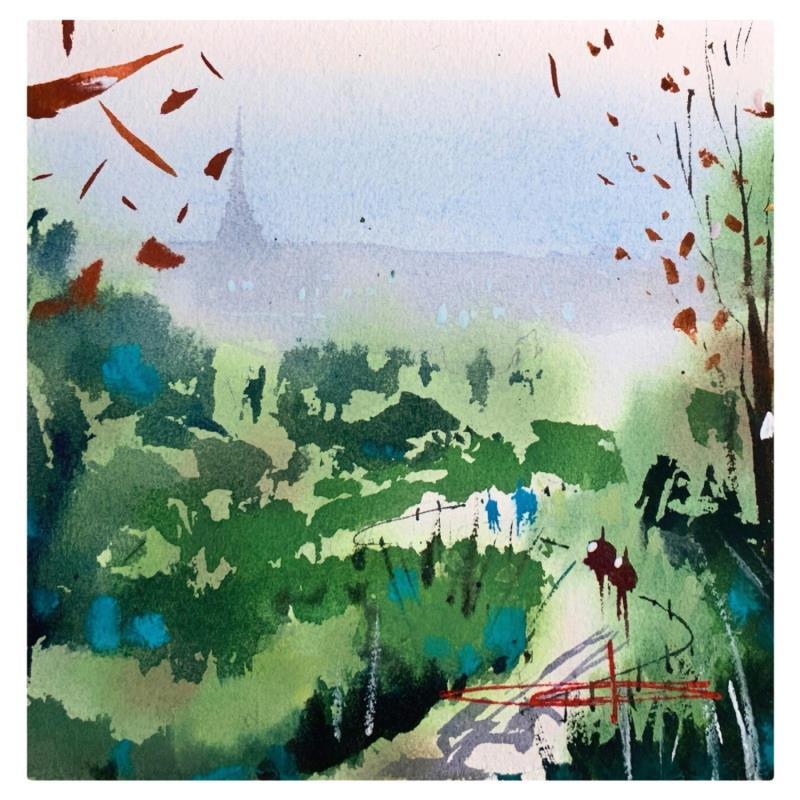 Gemälde vu depuis les Buttes-Chaumont von Bailly Kévin  | Gemälde Figurativ Urban Architektur Aquarell Tinte