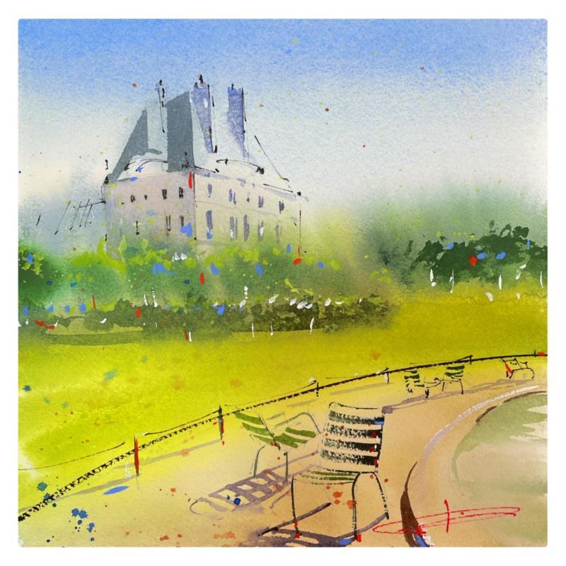 Peinture parc des Tuileries par Bailly Kévin  | Tableau Figuratif Aquarelle, Encre Architecture, Urbain