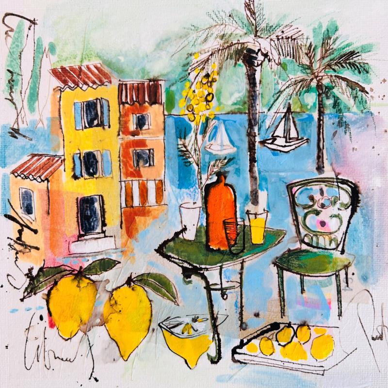 Painting Le brin de mimosa by Colombo Cécile | Painting Naive art Acrylic, Gluing, Ink, Pastel, Watercolor Landscapes, Life style, Nature, Pop icons