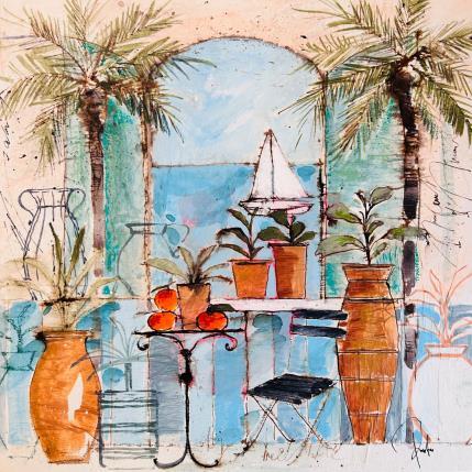 Painting Vue mer by Colombo Cécile | Painting Naive art Acrylic, Gluing, Ink, Pastel, Watercolor Landscapes, Life style, Nature