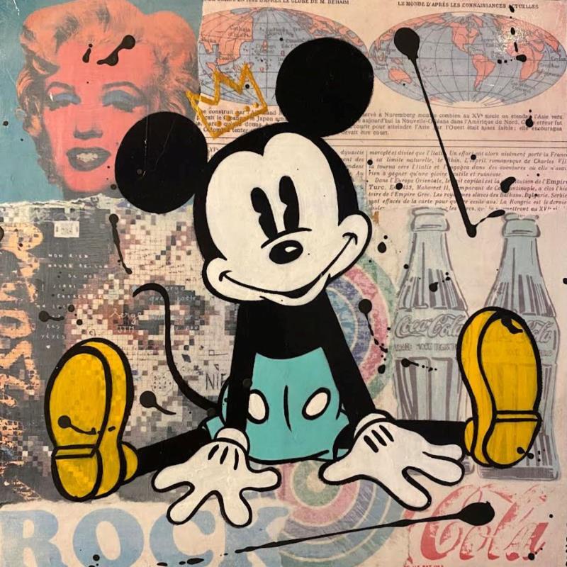 Painting F3  Mickey assis by Marie G.  | Painting Pop-art Pop icons Wood Acrylic Gluing