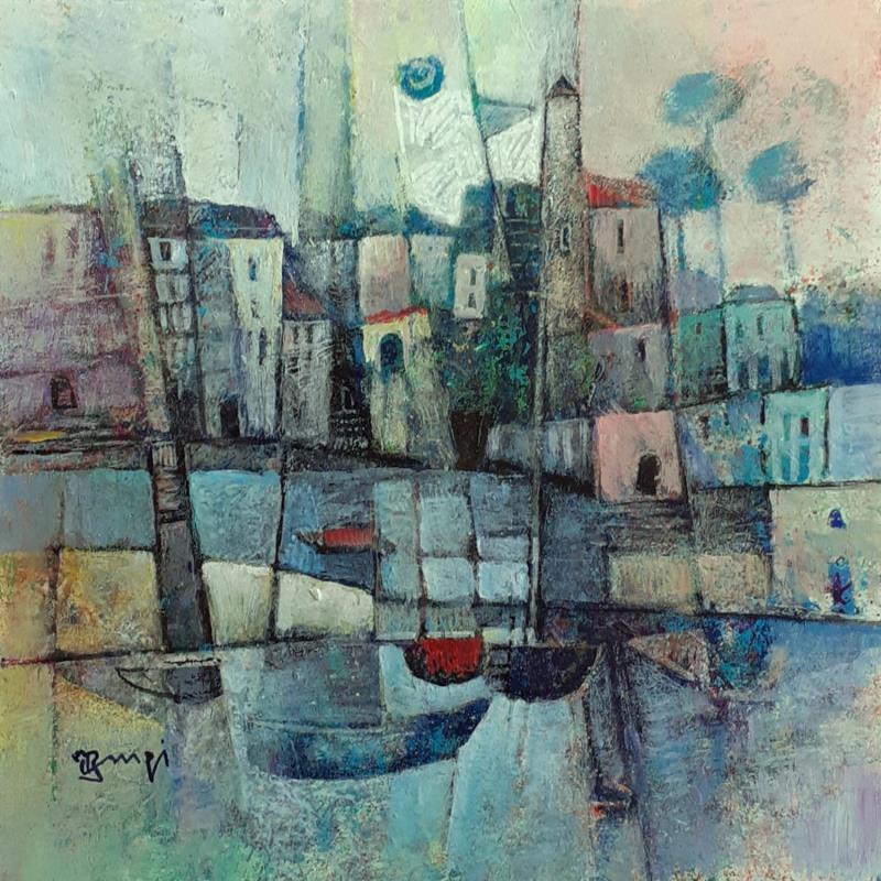 Painting AL107 LA VILLE BLEUE by Burgi Roger | Painting Figurative Landscapes Urban Marine Acrylic