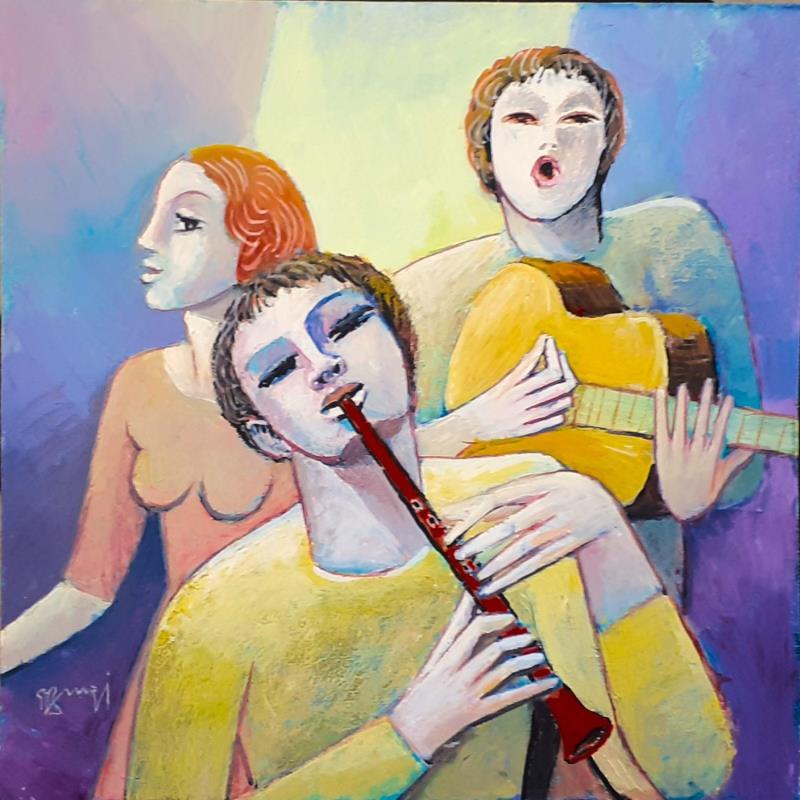 Painting AQ75 LE TRIO by Burgi Roger | Painting Figurative Music Life style Acrylic