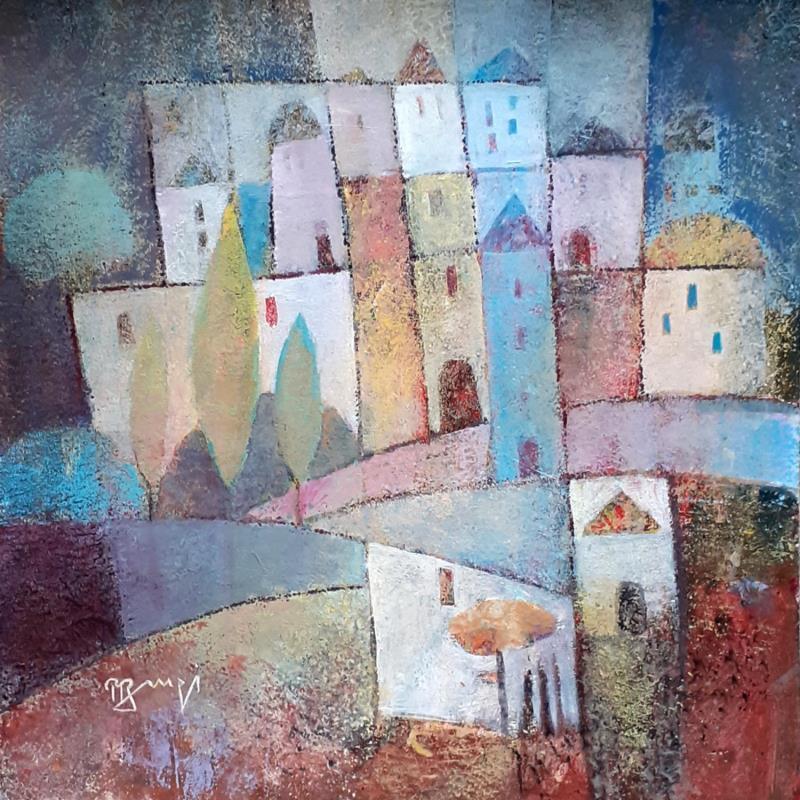 Gemälde AO80 VILLAGE A LA TOUR BLEUE  von Burgi Roger | Gemälde Figurativ Landschaften Urban Natur Acryl