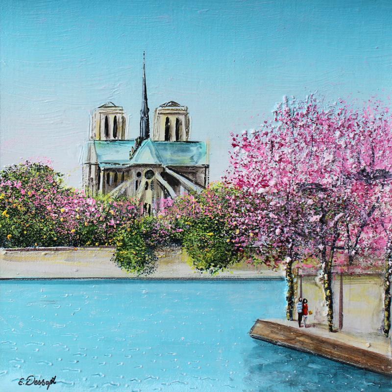 Painting le printemps de Notre-dame et l'île saint-louis by Dessapt Elika | Painting Impressionism Acrylic, Sand