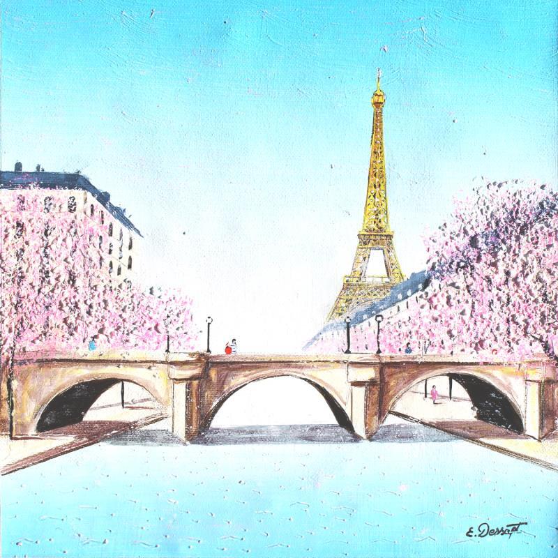 Peinture Cerisier et tour eiffel par Dessapt Elika | Tableau Impressionnisme Acrylique, Sable