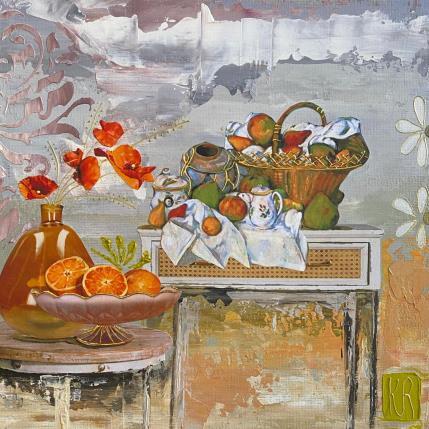 Painting Clin d’œil à Cezanne 7  by Romanelli Karine | Painting Figurative Acrylic, Gluing, Gold leaf, Paper, Pastel Still-life