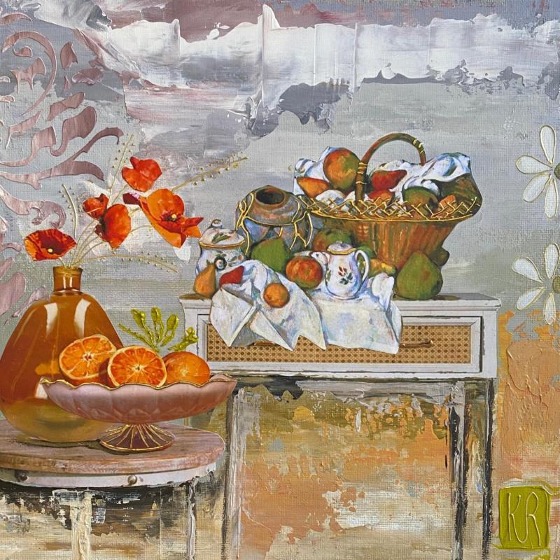 Painting Clin d’œil à Cezanne 7  by Romanelli Karine | Painting Figurative Acrylic, Gluing, Gold leaf, Paper, Pastel Still-life