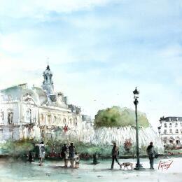 Painting Tours - l'hôtel de ville by Gutierrez | Painting Impressionism Watercolor Urban