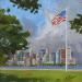 Painting Ny vu de Ellis island by Elisabeth Bazin | Painting Figurative Architecture Acrylic