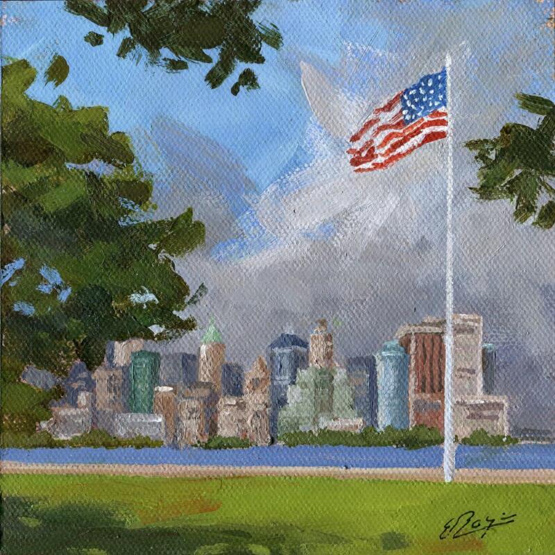 Painting Ny vu de Ellis island by Elisabeth Bazin | Painting Figurative Architecture Acrylic