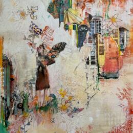 Painting La femme à l'ombre des ailes by Bergeron Marie-Josée | Painting Abstract Acrylic, Gluing, Paper, Pastel, Posca Pop icons