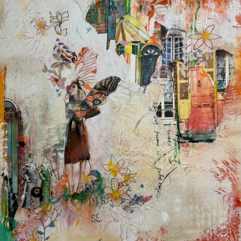 Painting La femme à l'ombre des ailes by Bergeron Marie-Josée | Painting Abstract Acrylic, Gluing, Paper, Pastel, Posca Pop icons