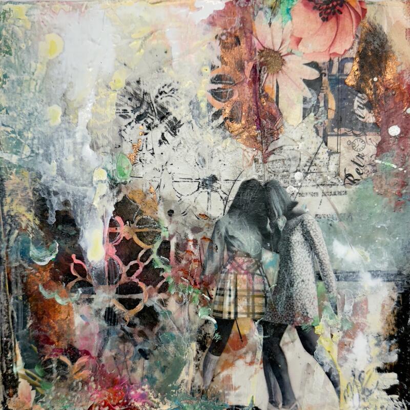Painting Les complices du printemps by Bergeron Marie-Josée | Painting Abstract Acrylic, Gluing, Paper, Pastel, Posca Pop icons