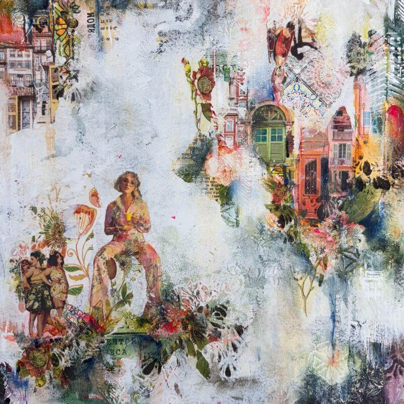 Painting Les murmures des grandes dames by Bergeron Marie-Josée | Painting Abstract Acrylic, Gluing, Paper, Pastel, Posca