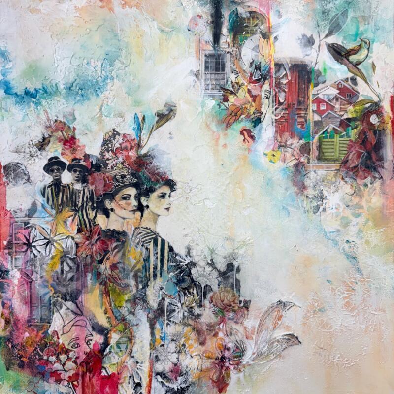 Painting Les jumeaux et les jumelles cosmiques by Bergeron Marie-Josée | Painting Abstract Acrylic, Gluing, Paper, Pastel