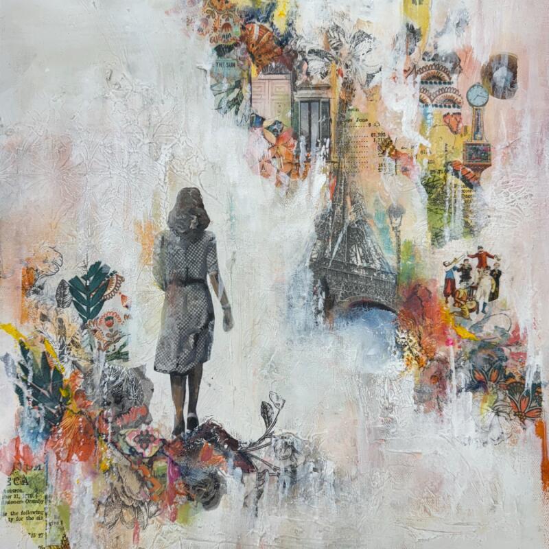 Painting Entre Paris et l'autre bout du monde by Bergeron Marie-Josée | Painting Abstract Acrylic, Gluing, Paper, Pastel, Posca
