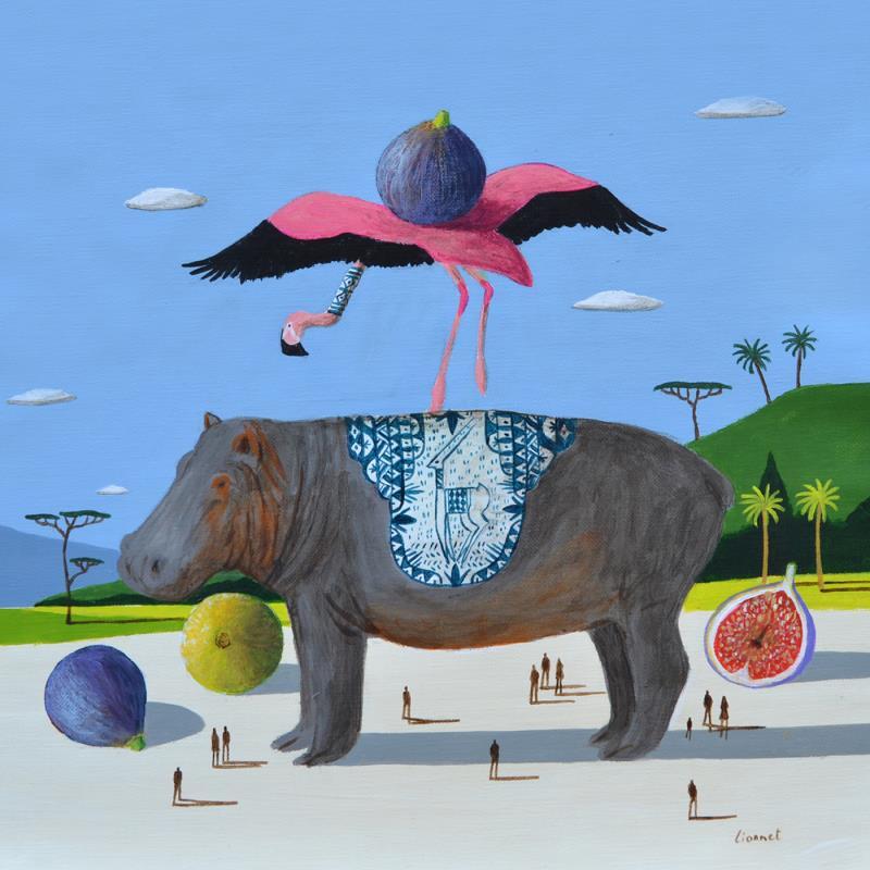 Painting Hippopotame au flamant rose by Lionnet Pascal | Painting Surrealism Acrylic Animals, Landscapes, Still-life