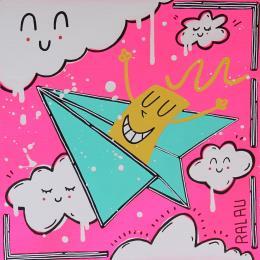 Gemälde Dans les nuages von Ralau | Gemälde Art brut Acryl, Posca Landschaften, Pop-Ikonen