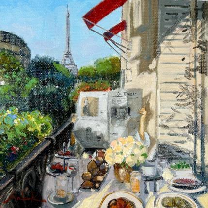 Peinture Breakfast, News & the City Below  par Xanlar | Tableau Impressionnisme Huile Natures mortes, Paysages, Urbain
