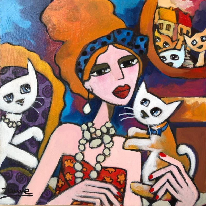 Peinture Jeune fille aux chats  par Fauve | Tableau Figuratif Acrylique Animaux, Scènes de vie