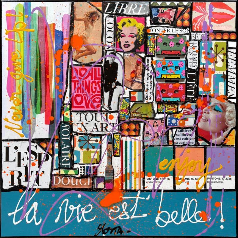 Peinture La vie est belle par Costa Sophie | Tableau Pop-art Acrylique Collage Upcycling