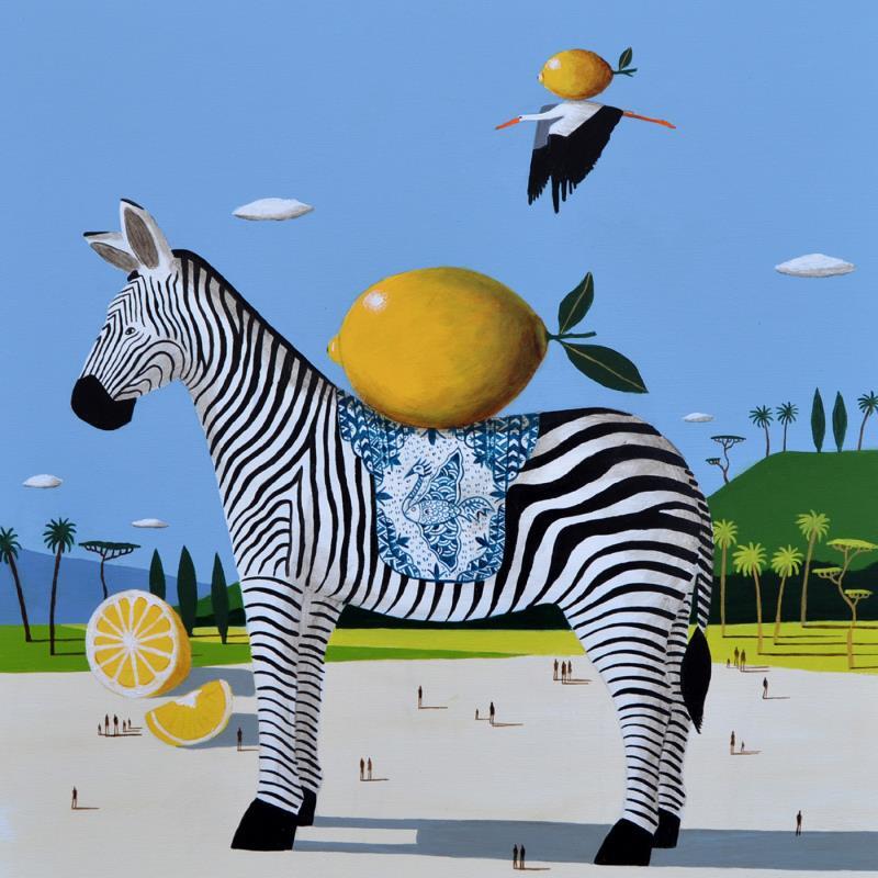 Painting Zèbre et cigogne aux citrons by Lionnet Pascal | Painting Surrealism Acrylic Animals, Landscapes, Still-life