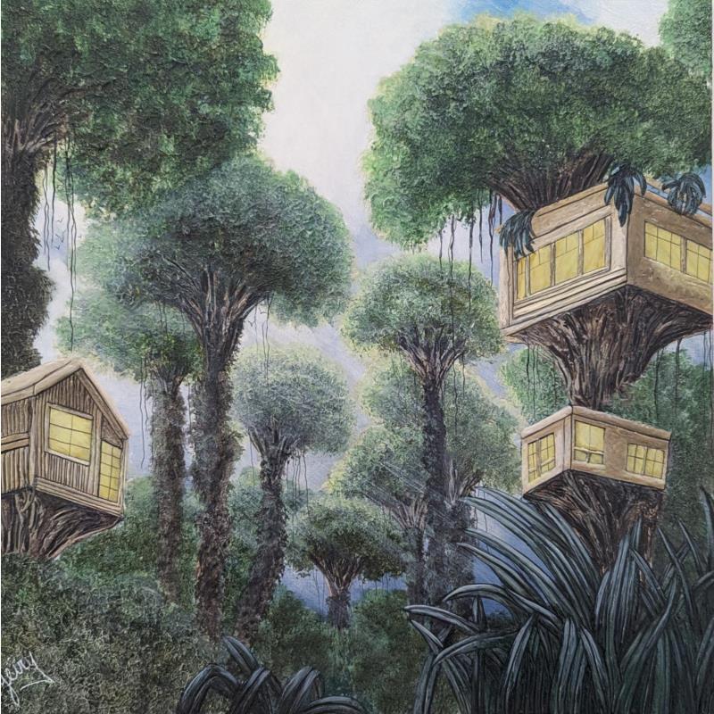 Peinture Cabanes dans les arbres Brésil par Geiry | Tableau Matiérisme Résine Paysages