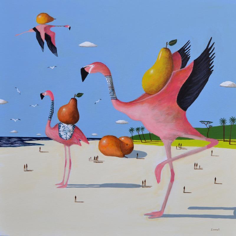 Painting Flamants roses sur la plage by Lionnet Pascal | Painting Surrealism Acrylic Animals, Marine, Still-life