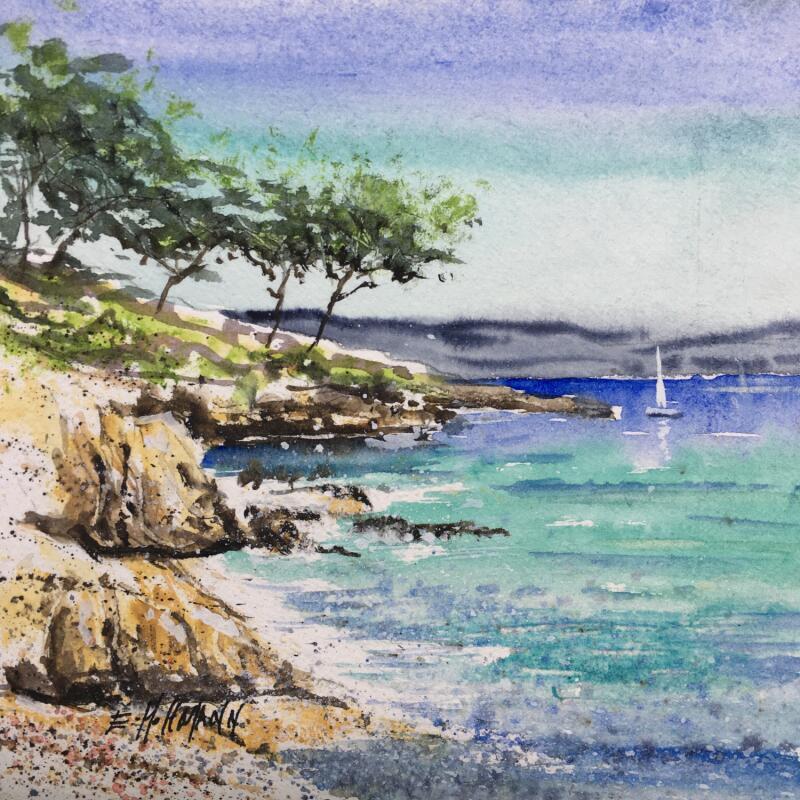 Painting La crique méditerranéenne  by Hoffmann Elisabeth | Painting Figurative Watercolor Landscapes, Marine, Nature