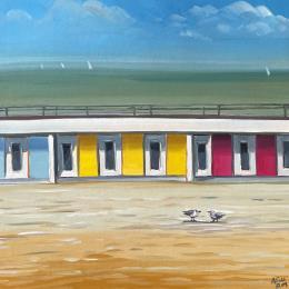 Painting Les cabines by Alice Roy | Painting Figurative Acrylic Marine, Urban