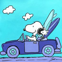 Painting SNOOPY DRIVES WITH A FLUOR FRIEND by Mestres Sergi | Painting Pop-art Acrylic, Graffiti Child, Minimalist, Pop icons