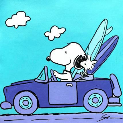 Painting SNOOPY DRIVES WITH A FLUOR FRIEND by Mestres Sergi | Painting Pop-art Acrylic, Graffiti Child, Minimalist, Pop icons