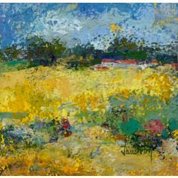 Painting Les moissons à Cucuron by Vaudron | Painting Figurative Gouache Landscapes