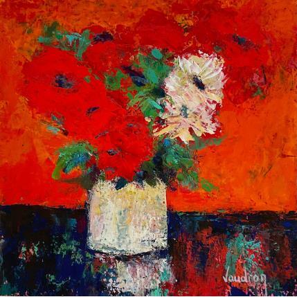 Painting Anémones sur fond rouge by Vaudron | Painting Figurative Gouache Pop icons, Still-life